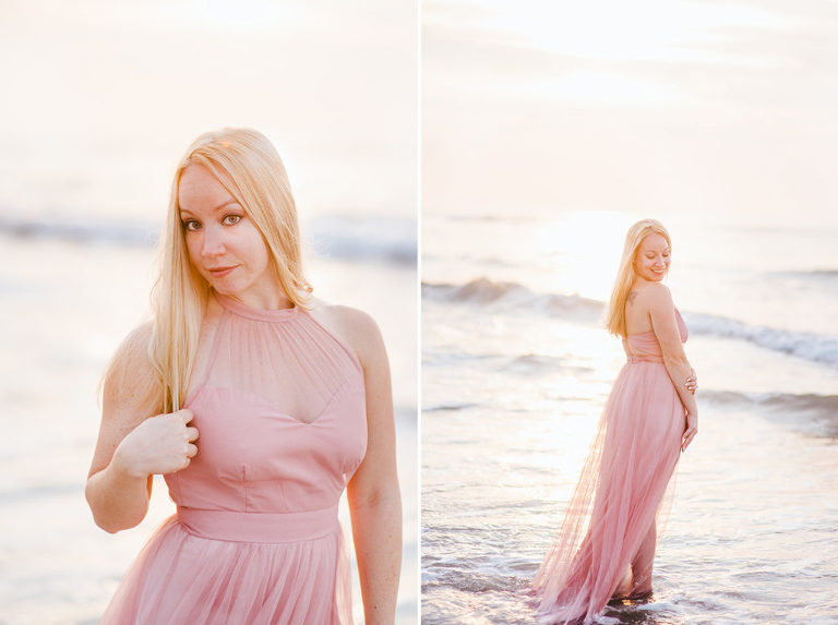 luminous pink and gold soft waves pink flowy dress sunrise engagement session at the jersey shore