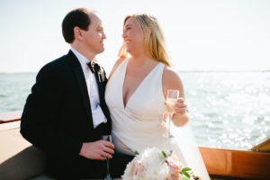 Bay Head Yacht Club New Jersey Wedding Bride and Groom on boat champagne toast ©Jessica Hendrix Photography 2016